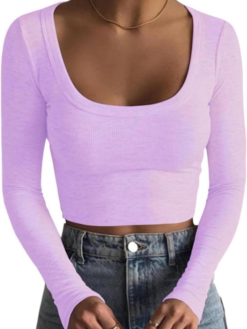 Slim Fitted Casual Crop Top - Women's Long Sleeve Square Neck Ribbed Tee